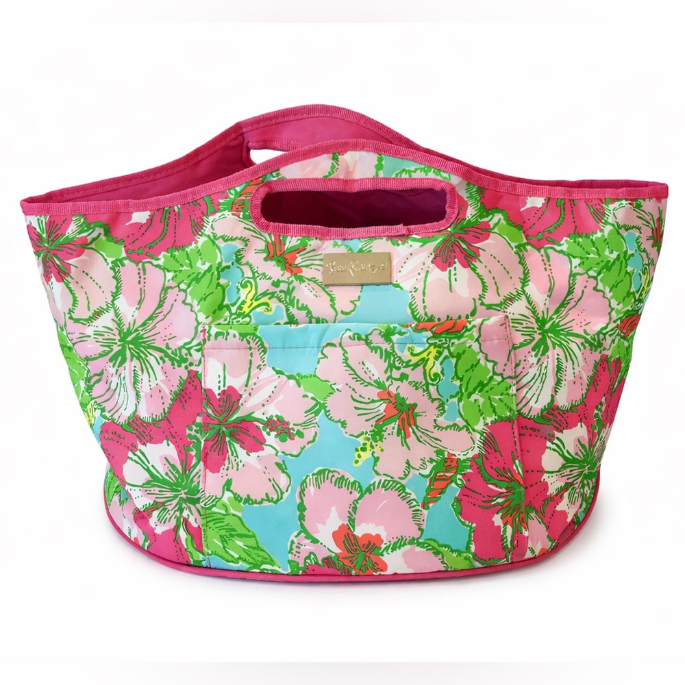 Lilly Pulitzer Floral Insulated Tote Cooler Bag Pink Green Zip Beach Travel - Picture 1 of 8